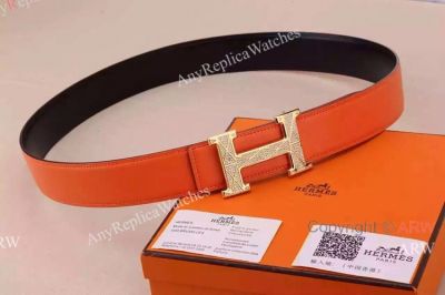 Hermes Orange Leather Belt with Diamond 'H' buckle - Buy Replica